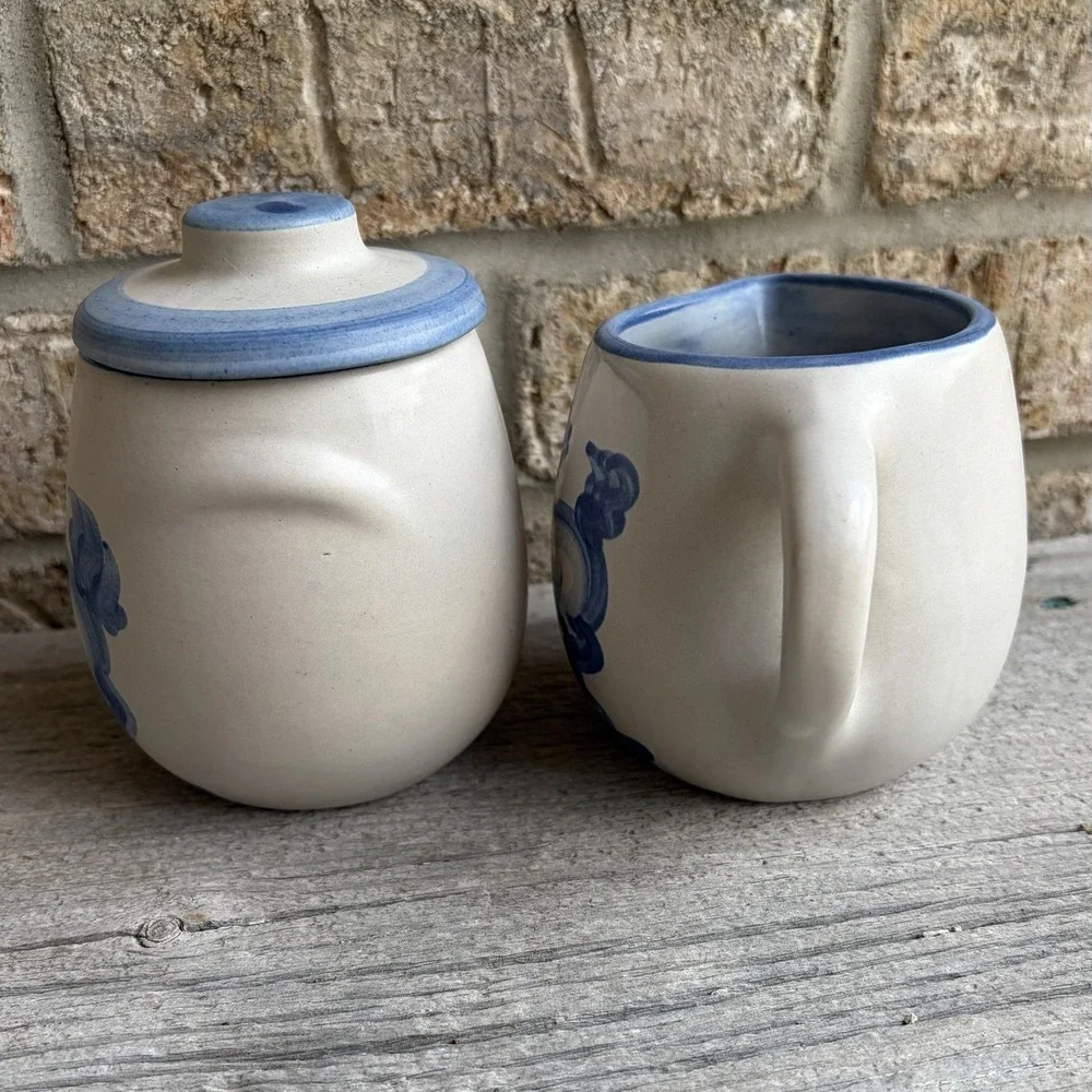 MA Hadley Pottery Prancing Blue Horse Sugar Bowl With Lid & Creamer Oversized